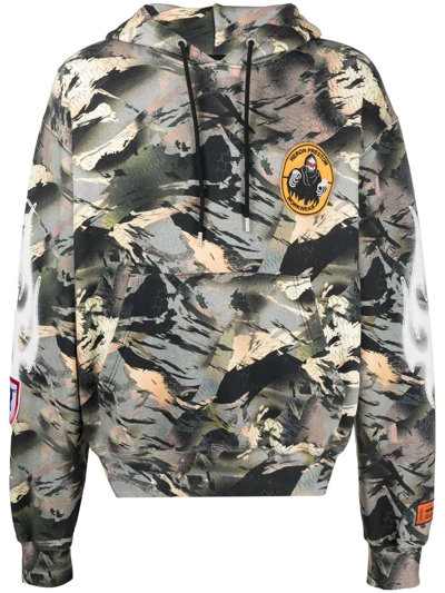Heron Preston Flaming Sleeve Organic Cotton Camo Hoodie In Camo Green
