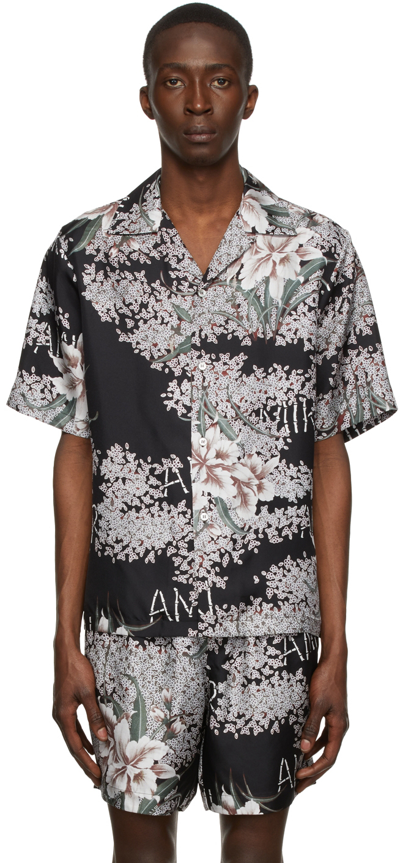 Amiri Hibiscus Tiki Floral Short Sleeve Silk Button-up Camp Shirt In Black