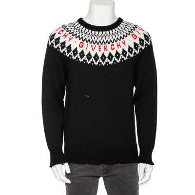 Pre-owned Givenchy Black Fair Isle Logo Knit Wool Frayed Edged Sweater M