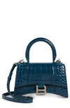 Balenciaga Extra Small Hourglass Croc Embossed Leather Top Handle Bag In Dark Petrol Blue