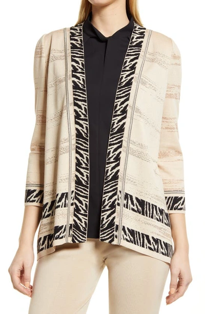 Ming Wang Zebra Trim Sheer Knit Draped Jacket In Twig/ Black