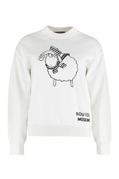 Boutique Moschino Cotton-cashmere Blend Crew-neck Pullover In White