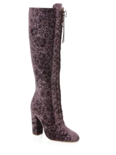 Alice And Olivia Vesey Embossed Velvet Knee-high Boots In Purple