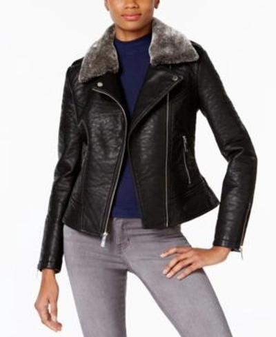 French Connection Faux-fur-trim Faux-leather Moto Jacket In Black