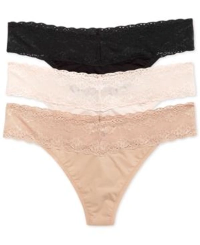 Natori Bliss 3-pk. Perfection Lace-trim Thong 750092mp In Tulle/cafe/black