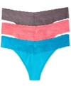 Natori Bliss 3-pk. Perfection Lace-trim Thong 750092mp In Sunset Pink/enamel Blue/gunmetal