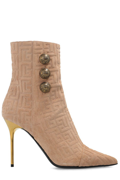 Balmain Roni High Heels Ankle Boots In Beige Leather In Rosa