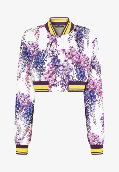 Dolce & Gabbana Buttoned Jersey Sweatshirt With Wisteria Print In Lavender