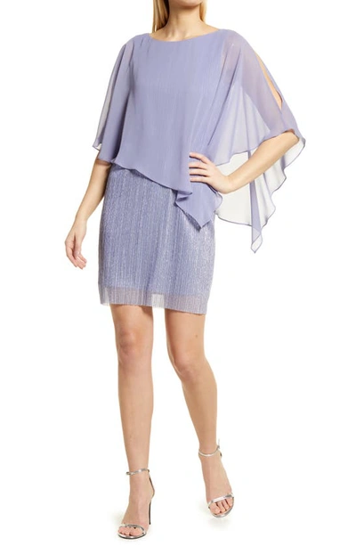 Connected Apparel Metallic Cape Detail Cocktail Dress In Soft Lilac