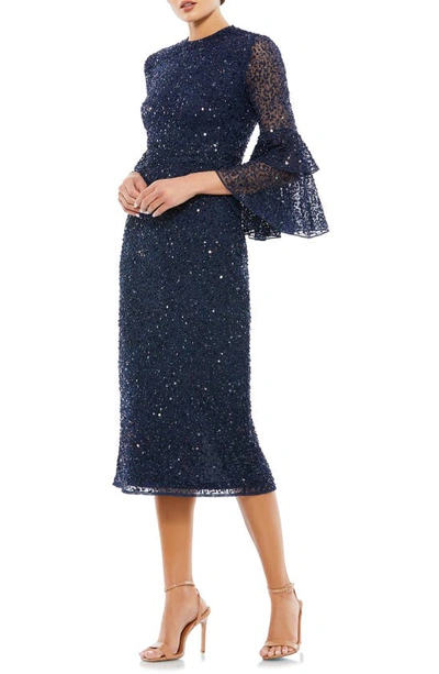 Mac Duggal Tiered Ruffle-sleeve Sequin Midi Dress In Navy