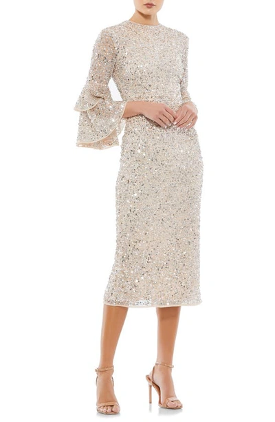 Mac Duggal Tiered Ruffle-sleeve Sequin Midi Dress In Beige