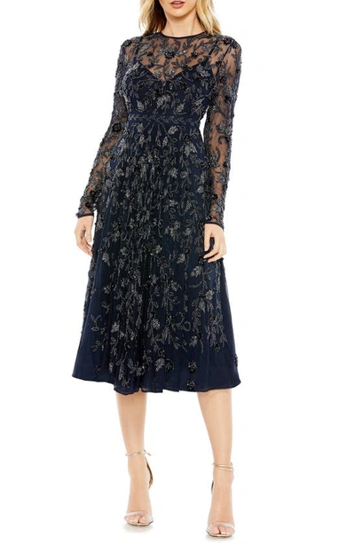 Mac Duggal Beaded Floral Long Sleeve Cocktail Midi Dress In Navy