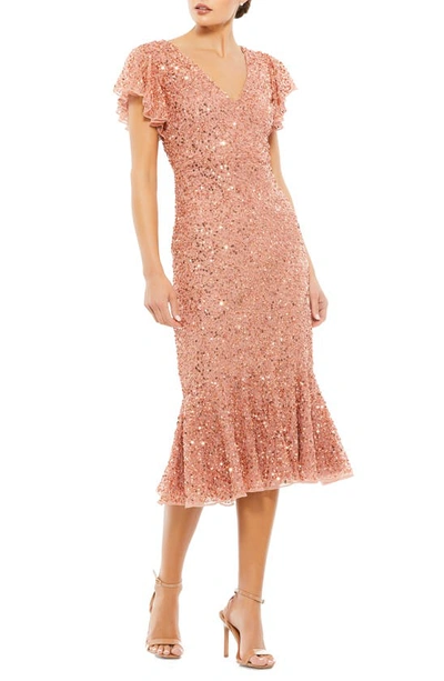 Mac Duggal Sequin Ruffle Midi Gown In Rose Gold