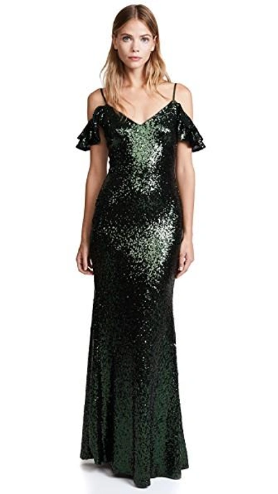Theia Scarlet Sequin Gown In Hunter