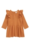 Ashmi And Co Babies' Eva Ruffle Shoulder Long Sleeve Knit Cotton Dress In Burnt Orange