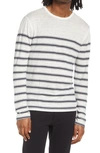 Vince Stripe Crewneck Linen Sweater In Optic White/ Coastal