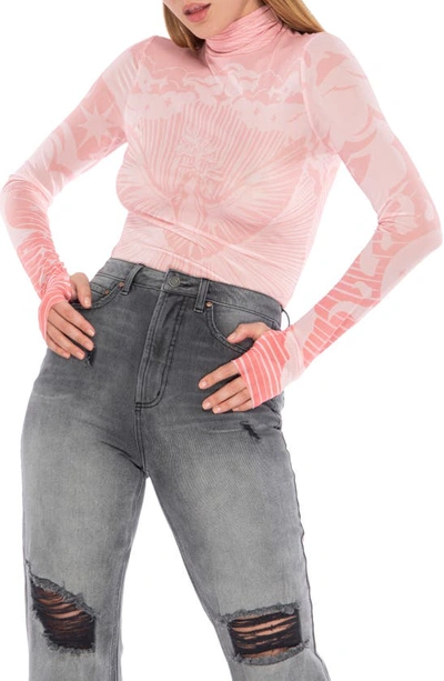 Afrm Zadie Power Mesh Long Sleeve Shirt In Blush Butterfly