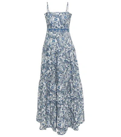 Agua By Agua Bendita Lima Libeulas Embroidered Tiered Printed Linen-canvas Dress In Blue-lt