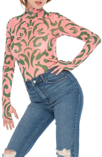 Afrm Zadie Power Mesh Long Sleeve Shirt In Blush Damask