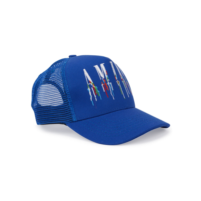 Amiri Paint Drip Graphic-embroidered Cotton Cap In Blue