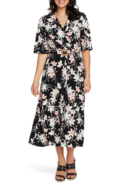 Chaus Floral Wrap Front Belted Midi Dress In Rich Black