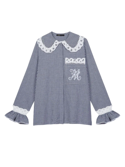 Maje Citchy Collar-detail Logo-embroidered Gingham Cotton Shirt In Navy Ecru