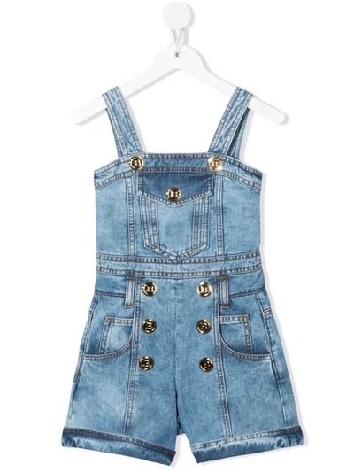 Balmain Kids' Embossed-button Denim Playsuit In Blue