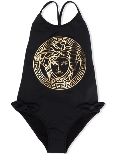 Versace Kids' Medusa Bow-trimmed Swimsuit In Black