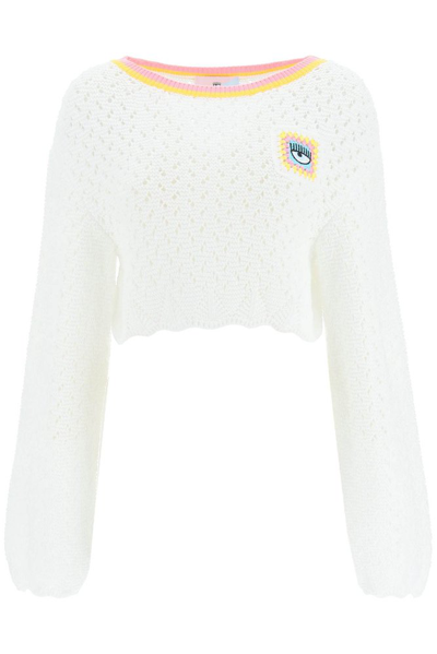 Chiara Ferragni Cropped Crochet Jumper In White,pink,yellow