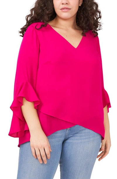 Vince Camuto Flutter Sleeve Crossover Georgette Tunic Top In Fuchsia Rose
