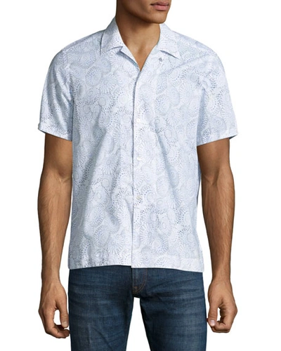 Culturata Floral-print Cuban Short-sleeve Shirt, White/navy