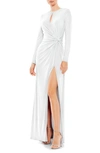 Mac Duggal Ruched Keyhole Long Sleeve Jersey Gown In White