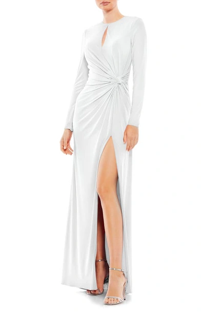 Mac Duggal Ruched Keyhole Long Sleeve Jersey Gown In White