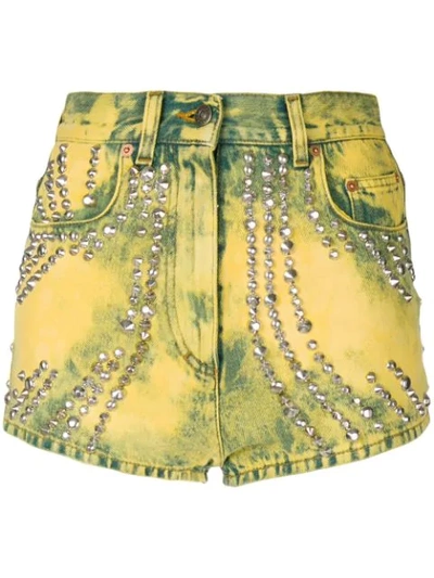 Gucci Studded Marble Washed Denim Shorts In Yellow