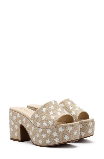 Larroude Miso Flower-embroidered Linen Platform Mules In Linen