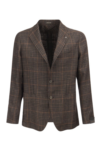 Tagliatore Wool, Silk And Linen Jacket With Tartan Pattern In Brown