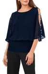 Chaus Split Sleeve Rhinestone Blouse In Navy