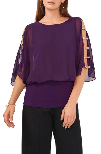 Chaus Split Sleeve Rhinestone Blouse In Luxe Plum