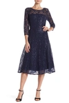 Sl Fashions Lace Overlay Fit & Flare Midi Dress In Navy