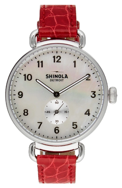 Shinola The Canfield 38mm Watch W/alligator Strap, Red In Red/ Mop/ Silver