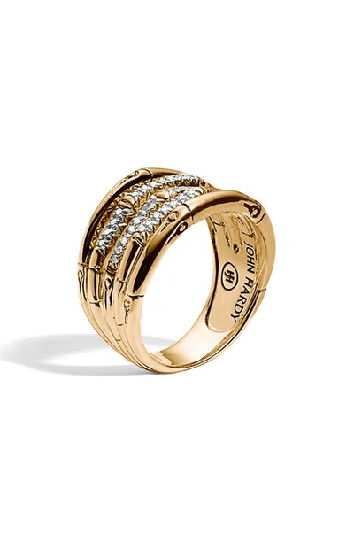 John Hardy Bamboo 18k Yellow Gold Diamond Pave Wide Ring In White/gold