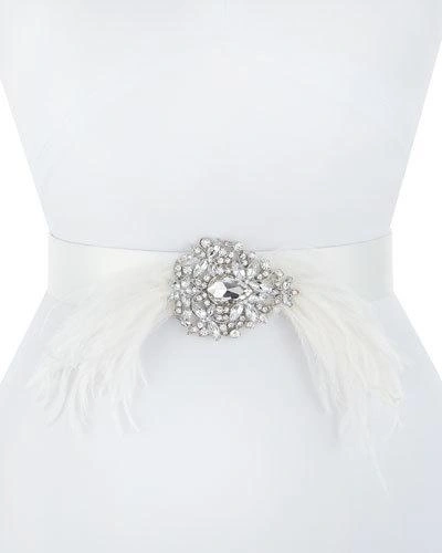 Deborah Drattell Thais Satin Belt With Feathers & Crystals In Ivory