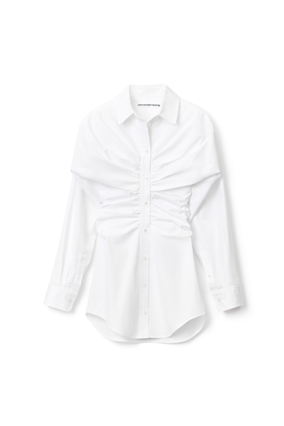 Alexander Wang Twist Front Long Sleeve Cotton Poplin Shirtdress In White