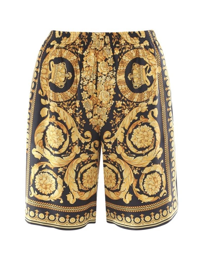 Versace Silk Bermuda Shorts With Baroque Print In Brown