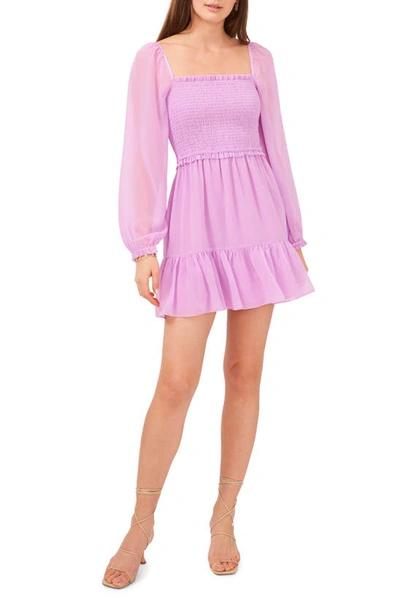 1.state Smock Bodice Ruffle Hem Long Sleeve Minidress In Violet Tulle