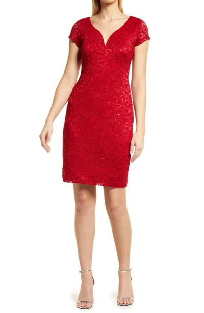 Connected Apparel Sweetheart Neck Sequin Lace Cocktail Dress In Red