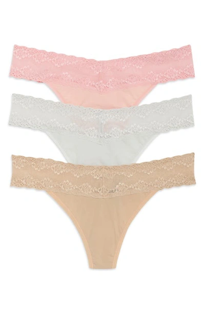 Natori Bliss Perfection Lace Trim Thong In Feather Grey/ Pink Icing/ Caf