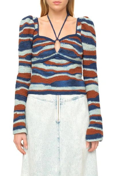 Sea Wavey Crochet Puffed-sleeve Halter Neck Sweater In Multi