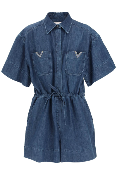 Valentino Short Jumpsuit In Chambray Denim In Blue