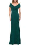 La Femme Ruched Jersey Column Gown In Green